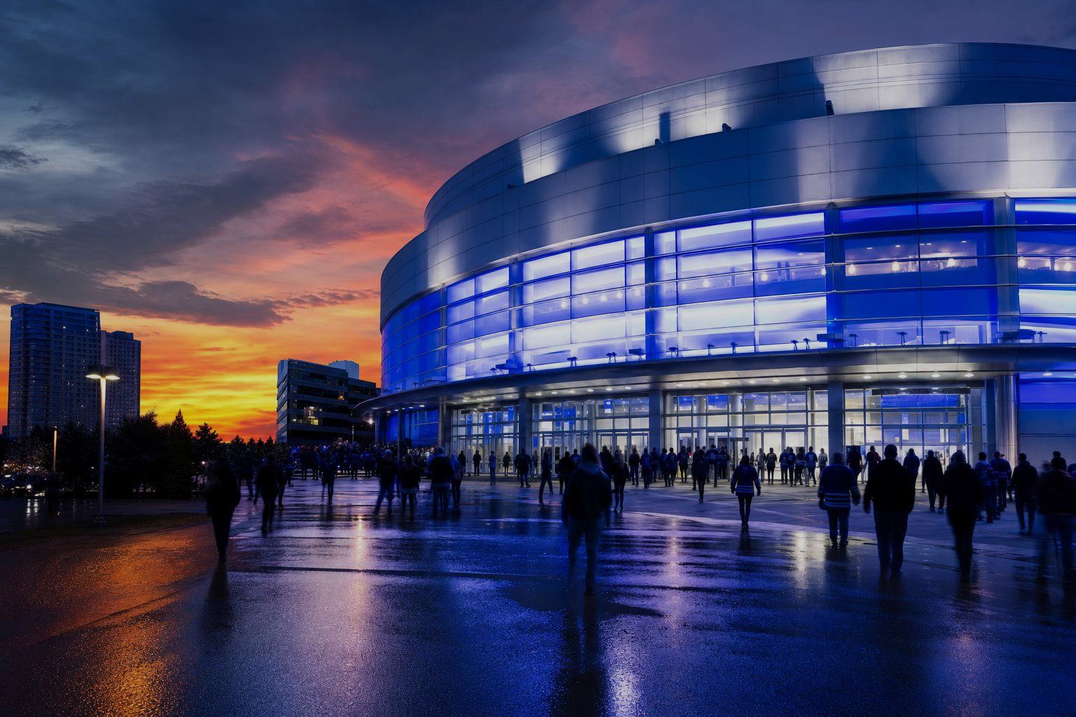 Stylized Canadian city skyline and hockey rink