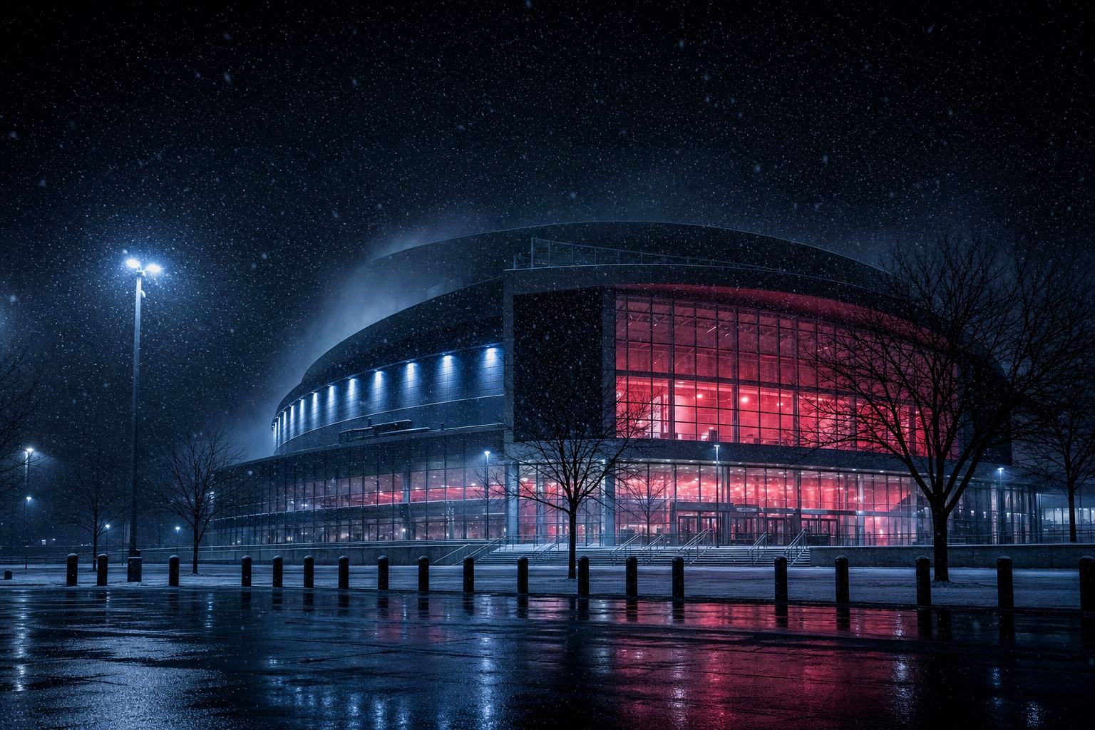 A high-energy hockey moment with red white lighting