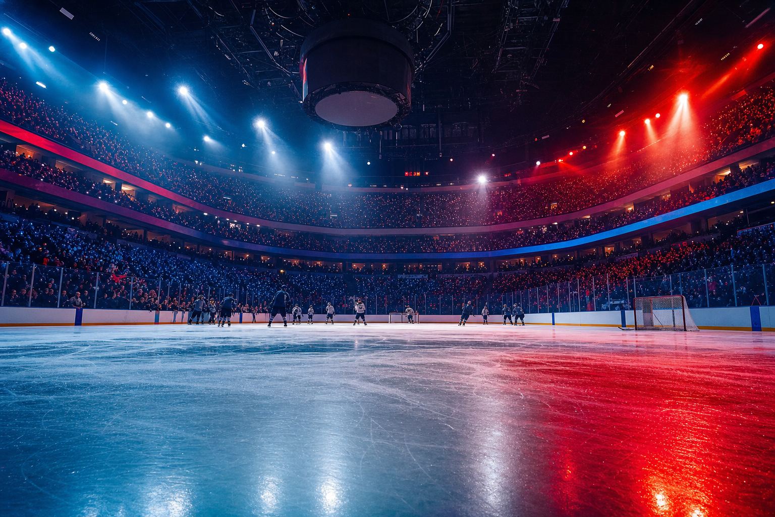 Ice-level arena mood in #af1e2d and #192168