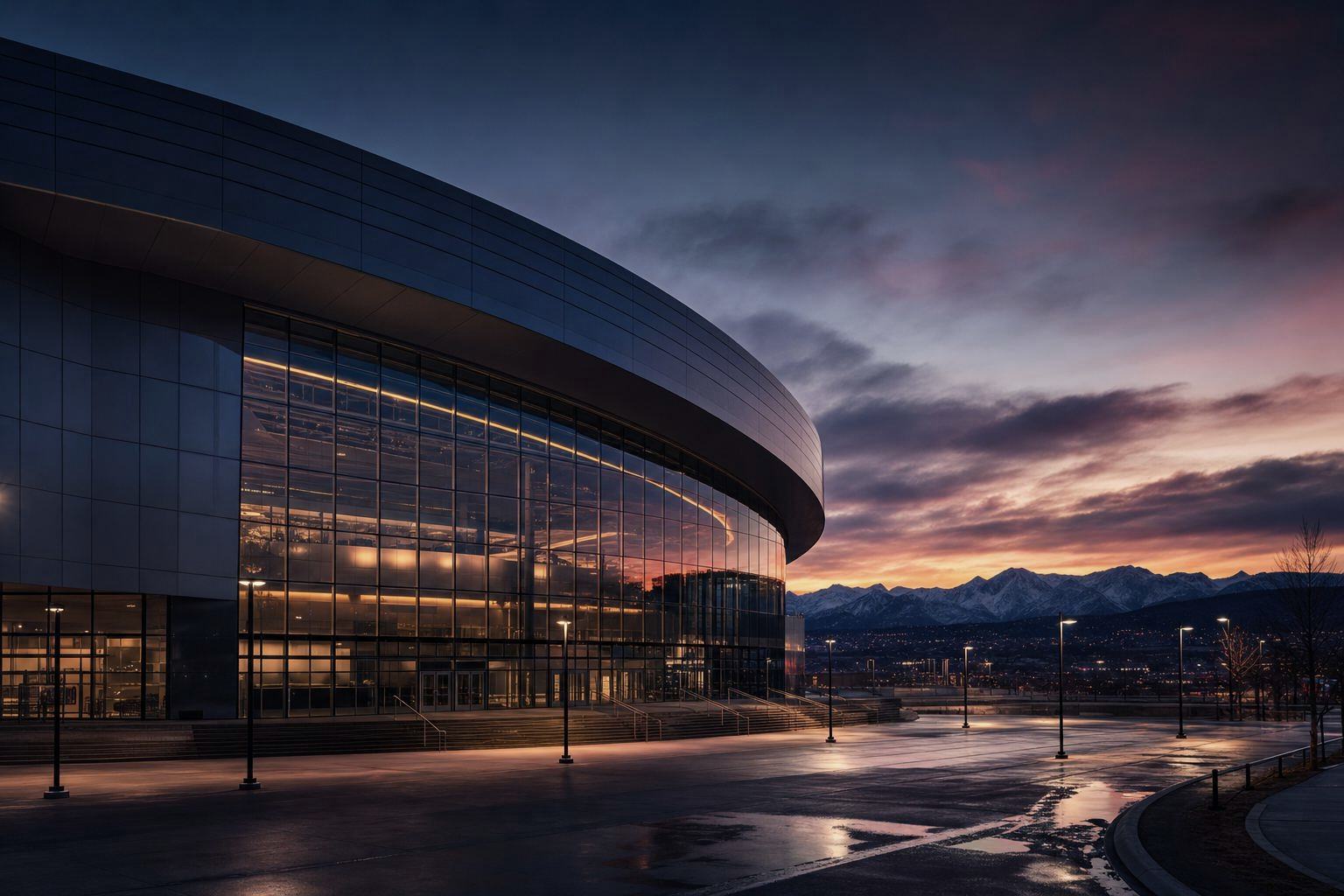 Floodlit hockey arena before puck drop