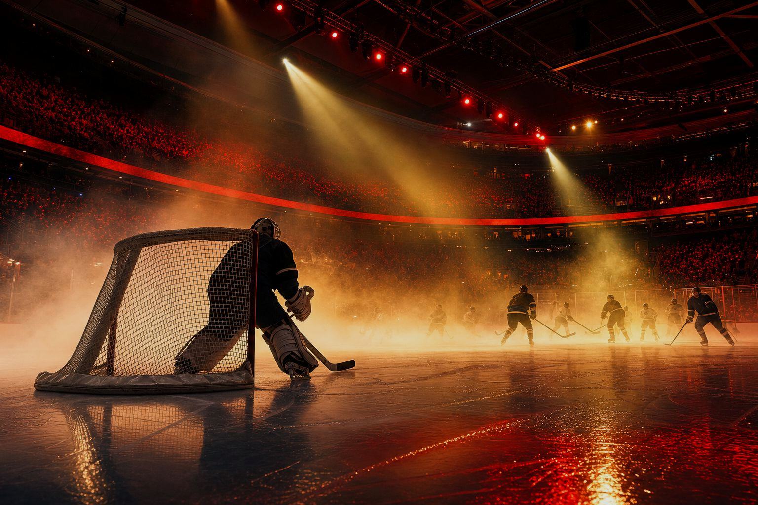 Hockey scoreboard glow over an empty rink