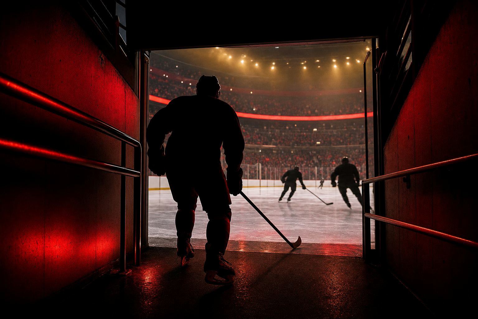 Hockey action in a purple black arena