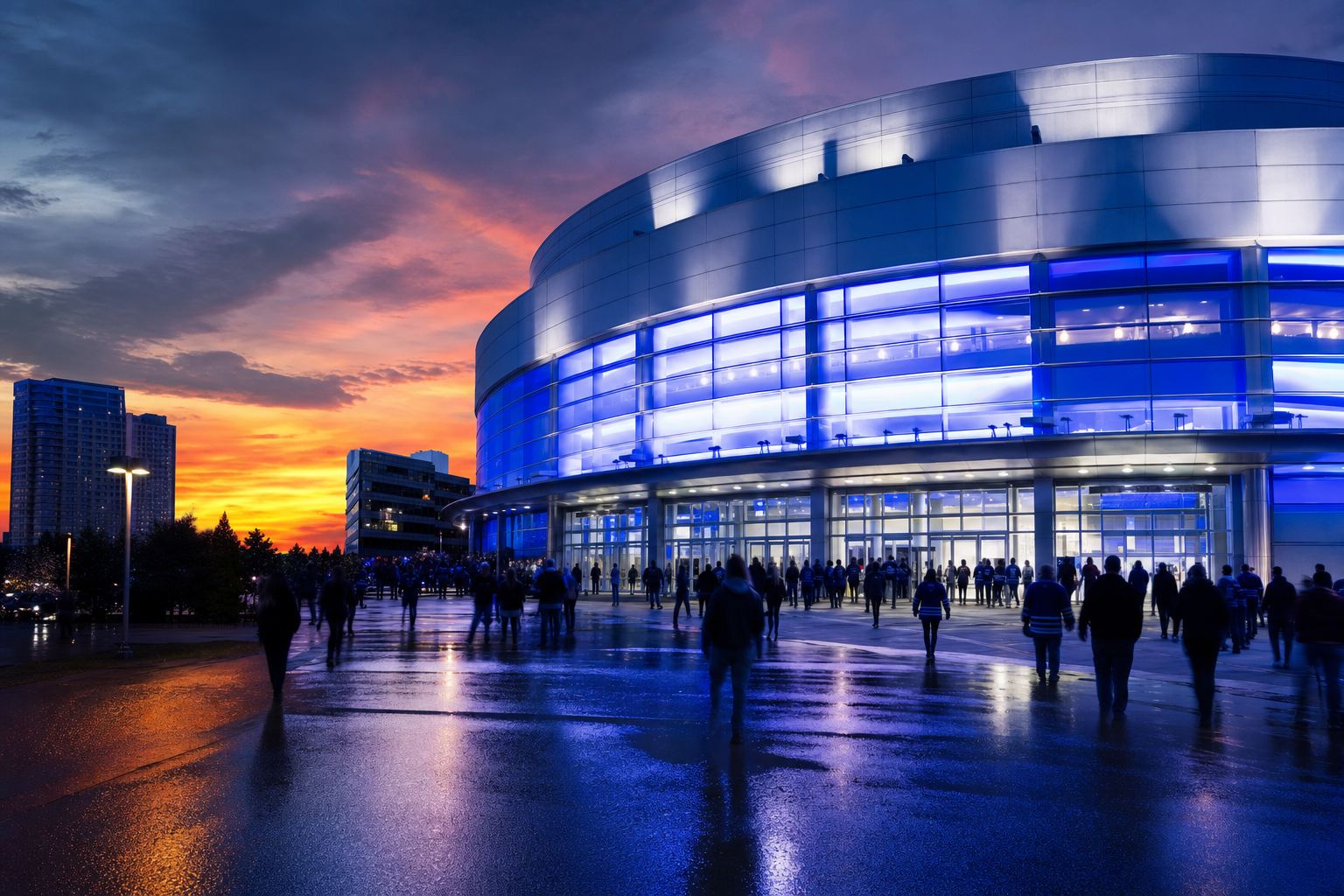 Ice-level arena mood in #003e7e and #ffffff